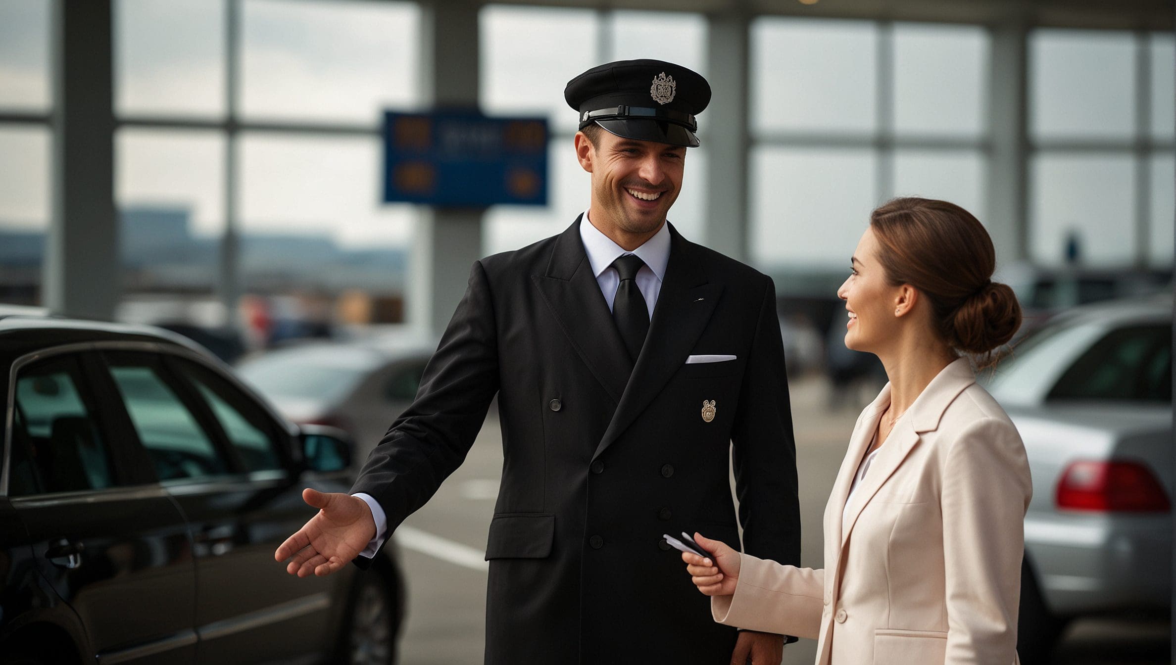 A professional uniformed chauffeur in a black cap and suit smiling while greeting a business passenger at the airport pickup area, representing Gateway Limousine's luxury 24-hour car service in St. Louis