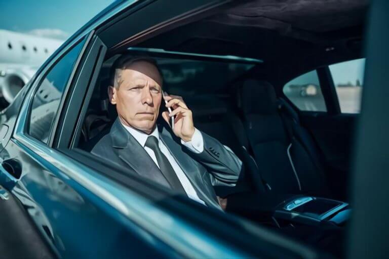 A professional businessman in a suit talking on a cell phone in the backseat of a luxury black sedan, representing Gateway Limousine's executive airport car service in St. Louis.