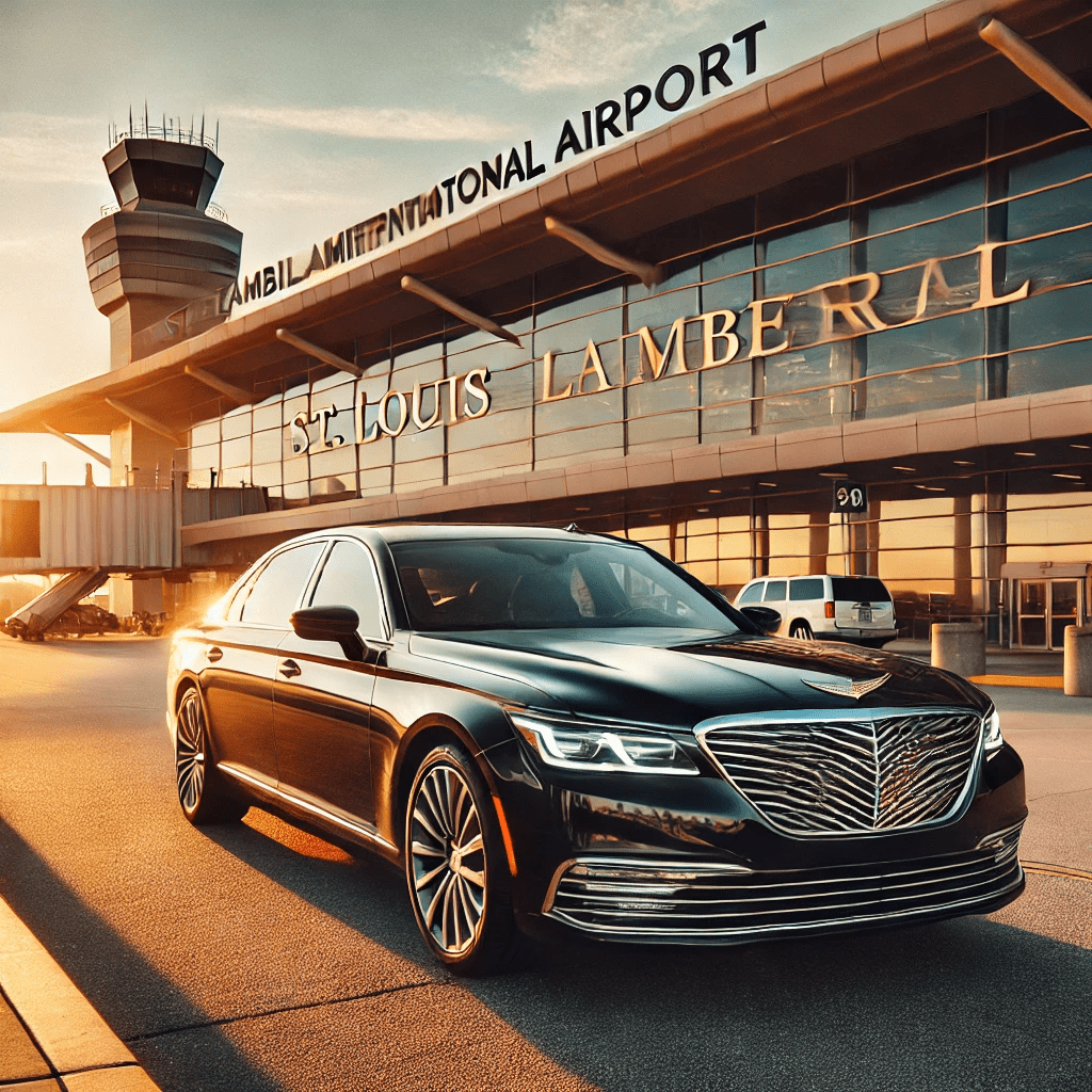 Our Blogs 9 A luxury black Genesis G90 sedan parked in front of the St. Louis Lambert International Airport (STL) terminal at sunset, representing Gateway Limousine's premium Lambert Airport Limo Servicer services.