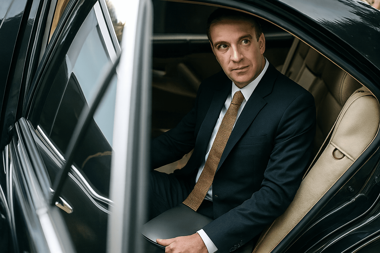 A professional businessman in a dark suit sitting in the back of a luxury black car, representing the premium chauffeur service for airport transfers and corporate travel in St. Louis.