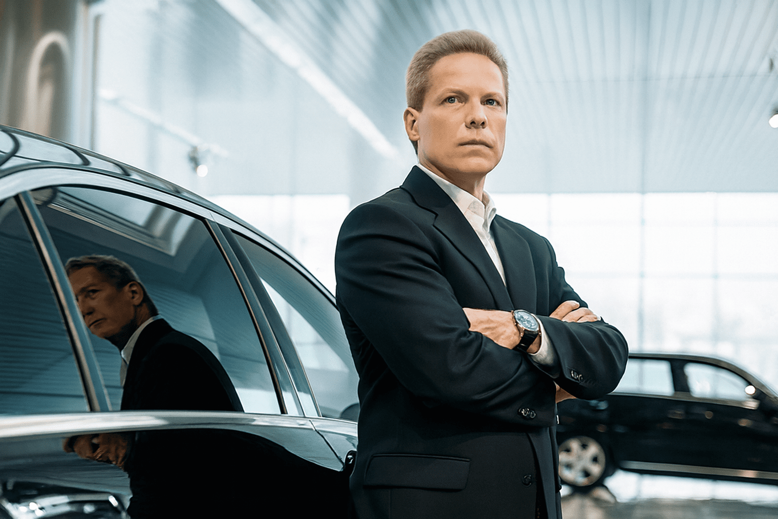 A professional chauffeur in a dark suit standing with arms crossed next to a luxury black sedan, showcasing the elite corporate travel and limousine services provided by Gateway Limousine in St. Louis.