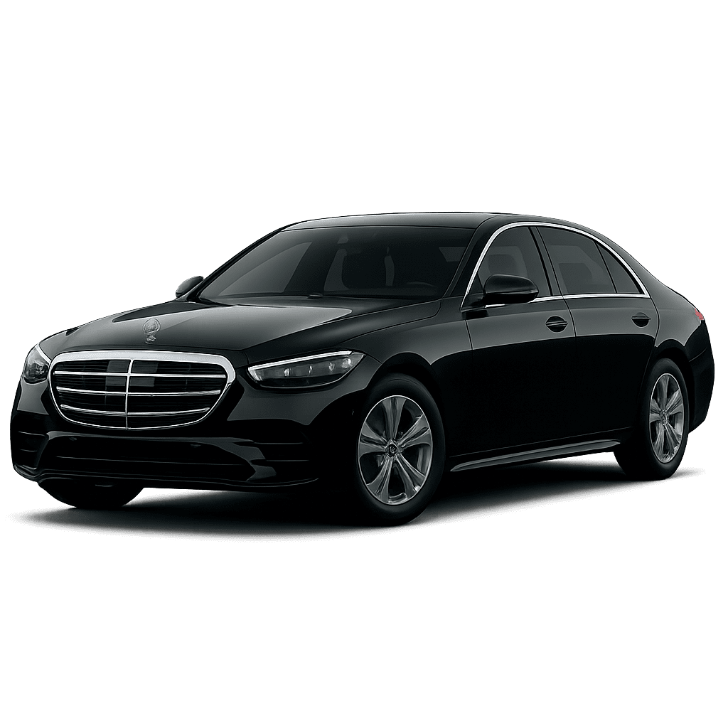 City-To-City Transfers 2 A professional front three-quarter view of a black Mercedes-Benz S-Class luxury sedan on a transparent background, part of the premium fleet for Gateway Limousine & Black Car Service in St. Louis.