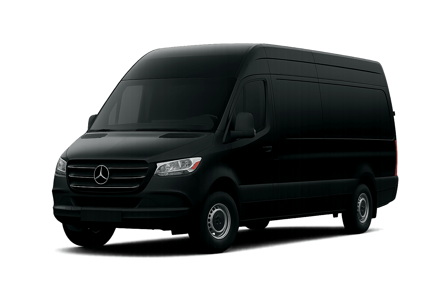 A profile view of a sleek, black Mercedes-Benz Sprinter executive van against a transparent background, showcasing the professional fleet available for Gateway Limousine & Black Car Service.